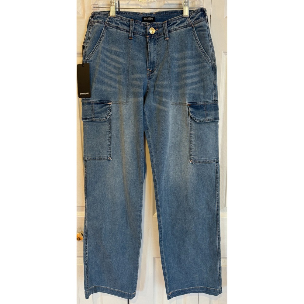 New True Religion Cargo SN Straight Denim Jeans Women's Sz 28 Medium Tide Wash